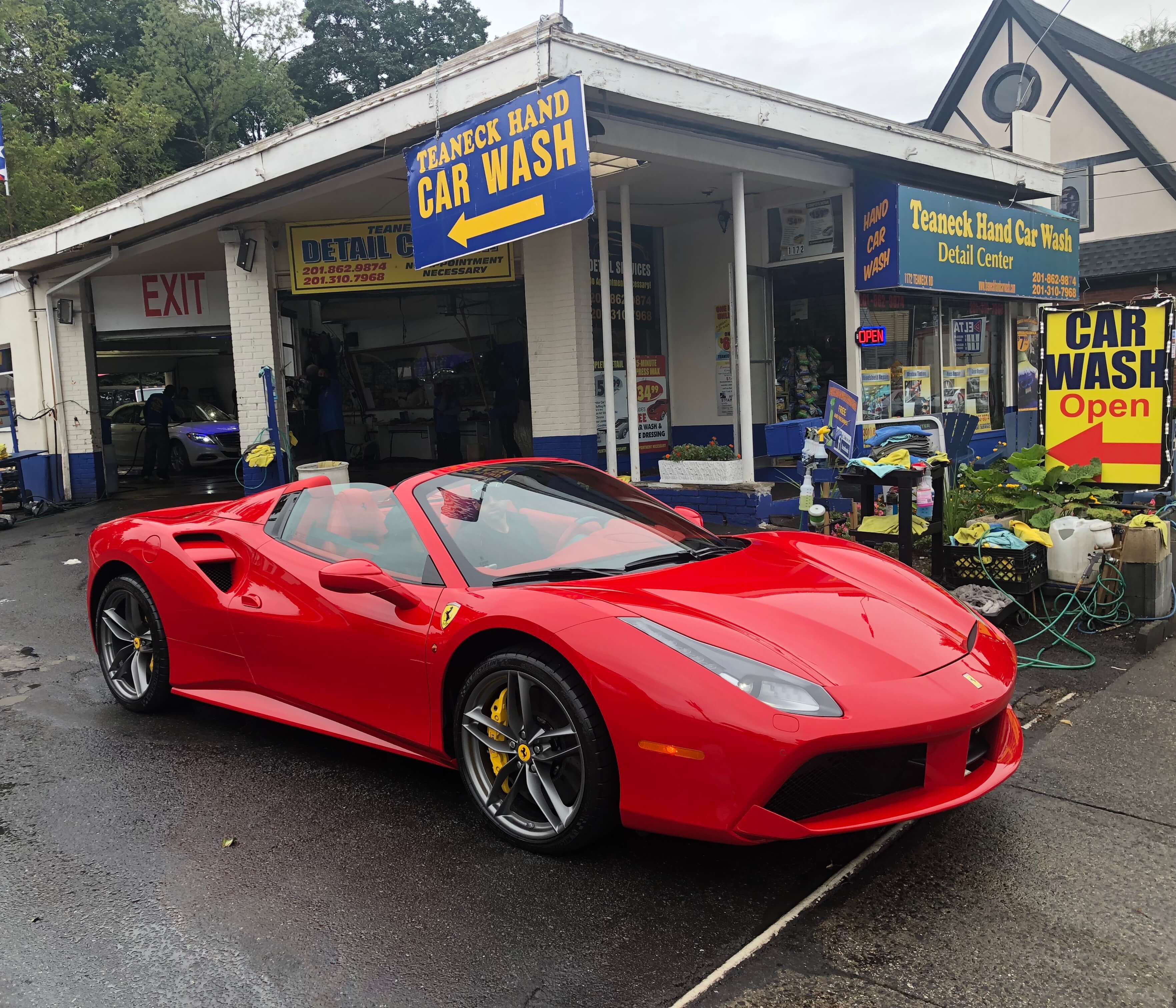 Red Ferrari 488 hand washed at Teaneck Hand Car Wash