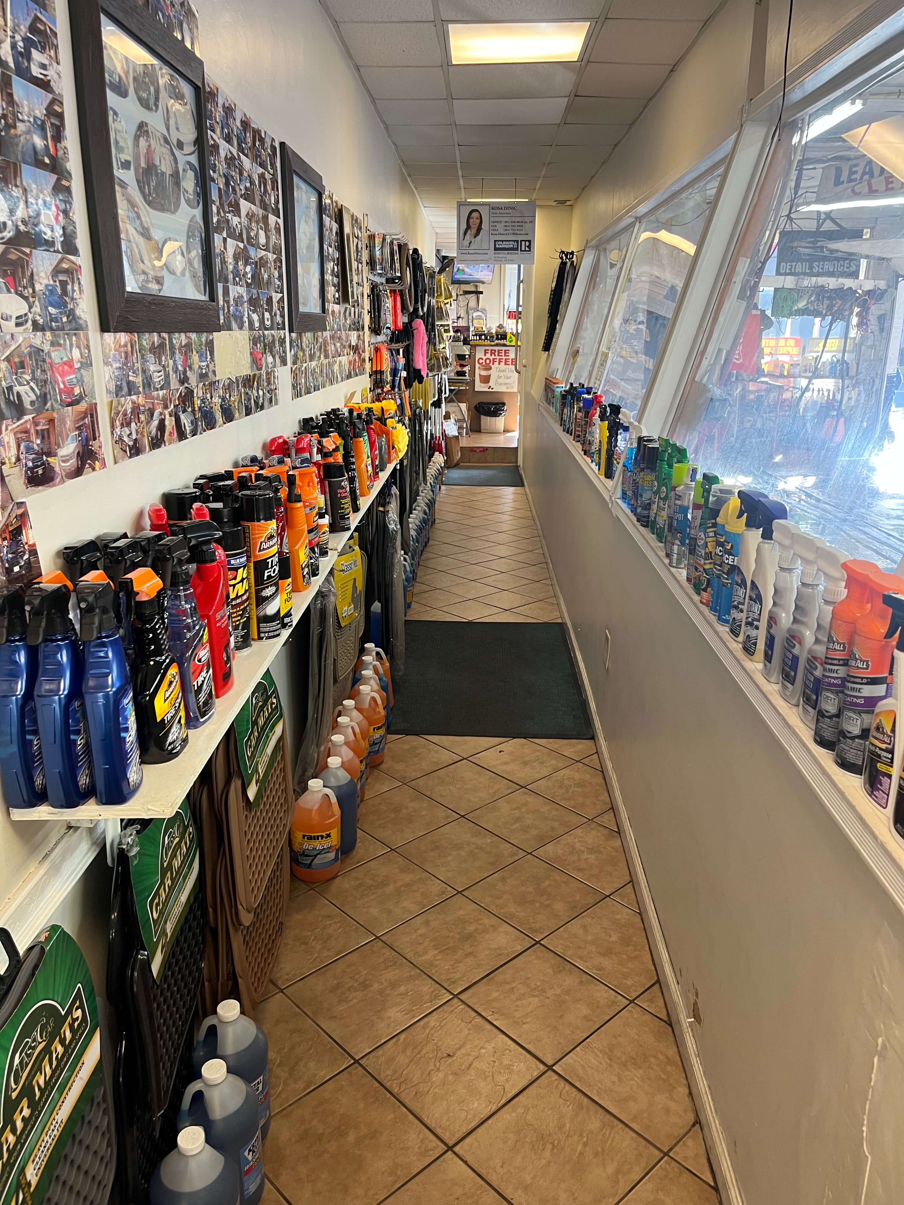 Retail product aisle at Teaneck Hand Car Wash